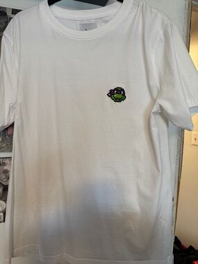 White Short Sleeve Tee with Green & Purple Logo